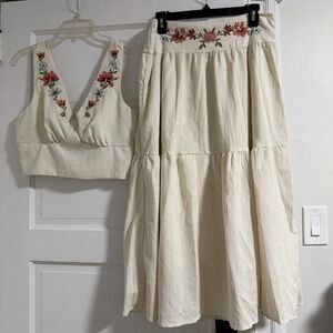 SHEIN Cream Skirt Set with Floral Embroidery